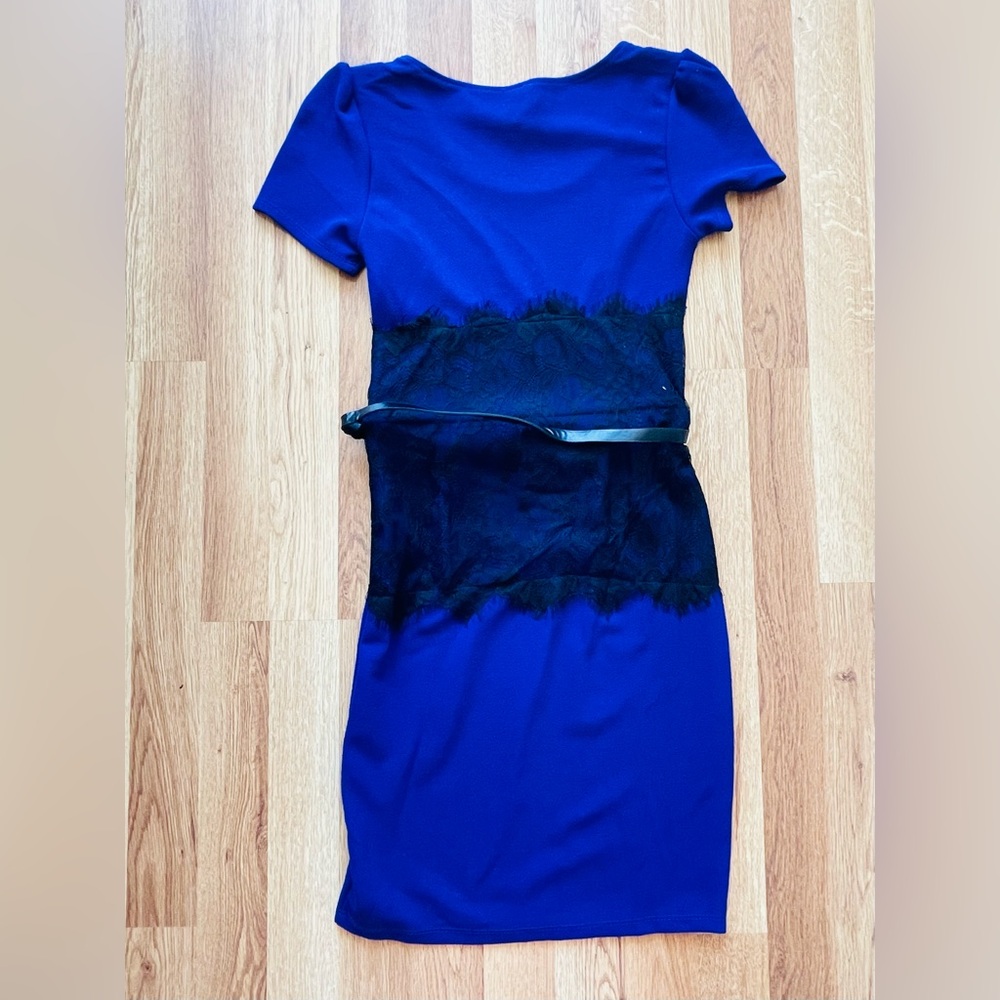 Blue Dress with Black Lace Detail
